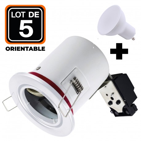 Lot 5 Spots BBC Orientable Blanc IP20 + Ampoule GU10 7W Blanc Neutre + Douille