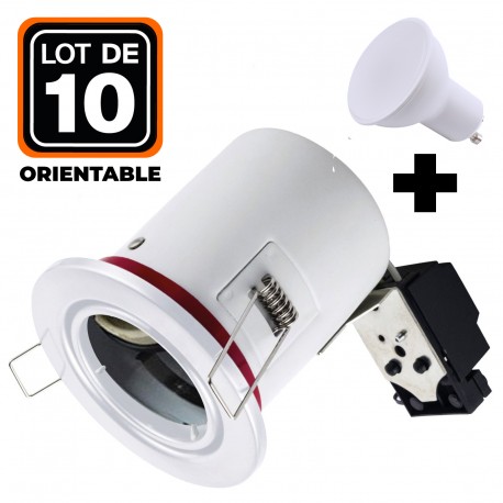 Lot 10 Spots Orientable BBC Blanc + Ampoule GU10 7W Blanc Neutre + Douille
