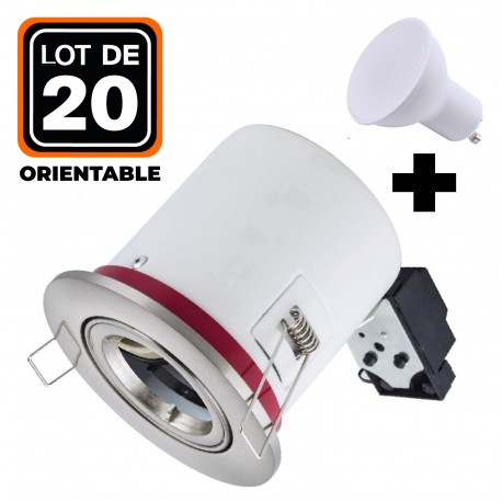 Lot 20 Supports Spots Orientable BBC INOX + Ampoule GU10 5W Blanc Chaud + Douille