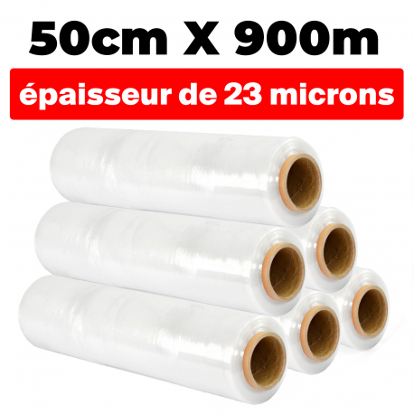 LOT DE 6 ROULEAUX FILM ÉTIRABLE TRANSPARENT 50cmx900m et épaisseur de 23 microns µ