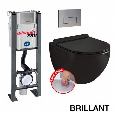 Pack Complet WC Sans Bride Bati Autoportant + Cuvette Noir Brillant sans bride + Plaque Inox DESIGN  