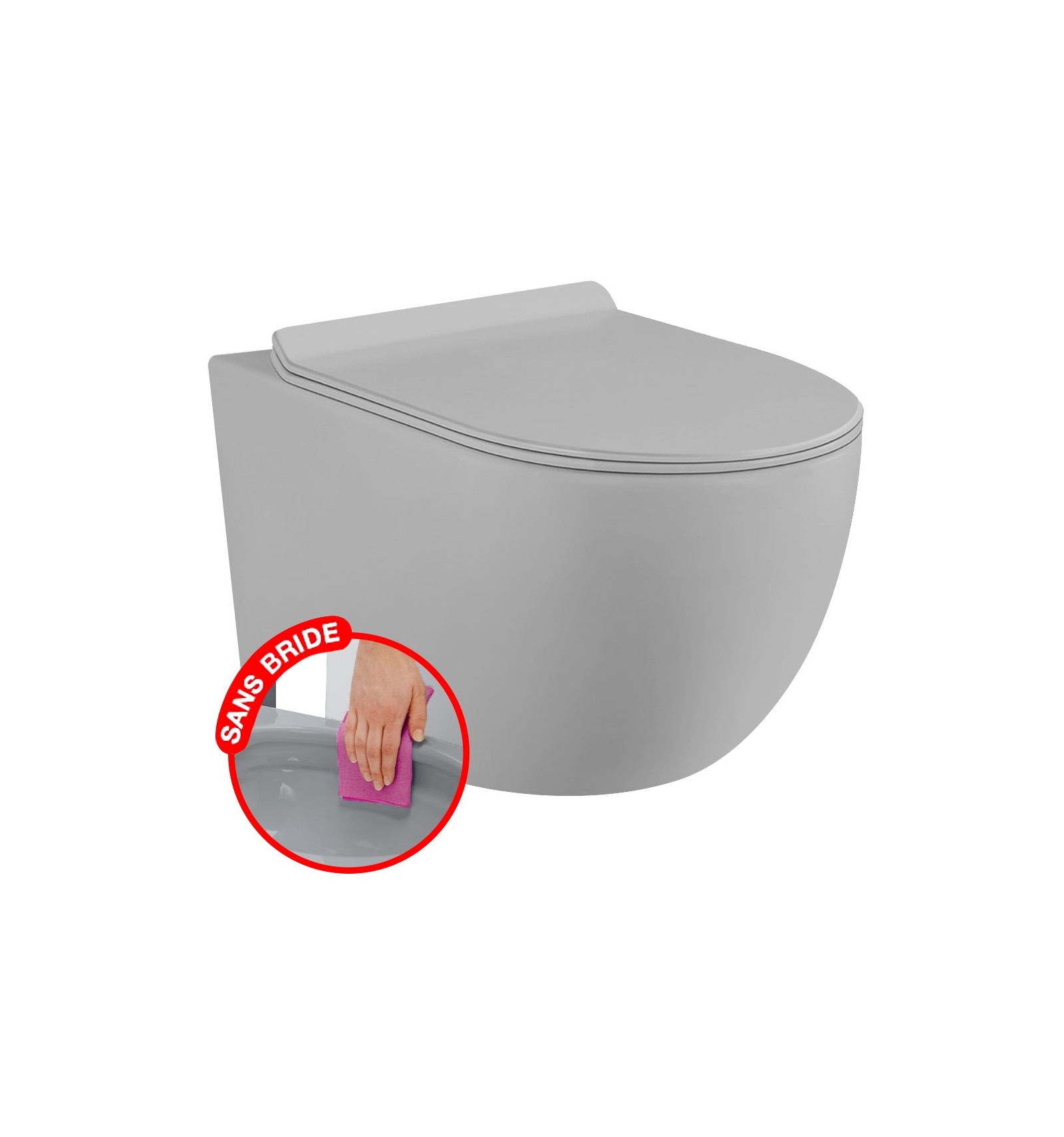 CONFORT - WC suspendu sans bride gris matt avec fixations invisibles +  abattant ultra fin declipsable + frein de chute - www.europalamp.com
