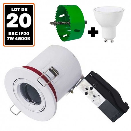 20 Spot BBC Orientable RT2012 IP20 Blanc + Ampoule GU10 7W Blanc Neutre + Douille + Scie cloche 85mm