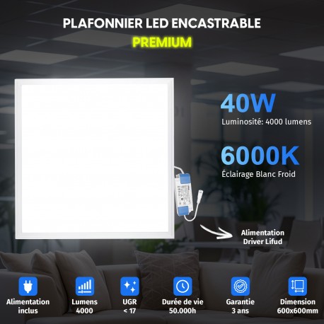 Dalle LED 600x600 40W lot de 6 pcs PMMA blanc neutre 4000k  - Plusieurs modèles disponibles