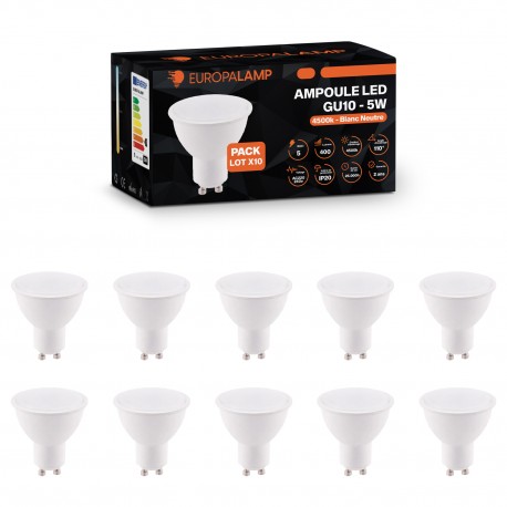 10 Ampoules GU10 5W eq. 40W Blanc Neutre 4500k Haute Luminosité