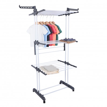 Séchoir à Linge Pliable sur roulettes Multifonction à 3 Niveaux avec Barres pour Cintres 