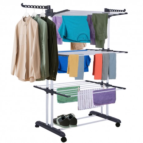 Séchoir à Linge Pliable sur roulettes Multifonction à 3 Niveaux avec Barres pour Cintres 