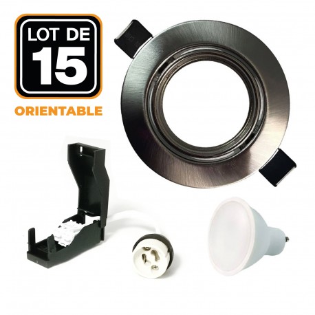 Lot de 15 Spots LED Encastrable et orientable complet en Alu brossé avec Ampoule GU10 Blanc froid avec douille 