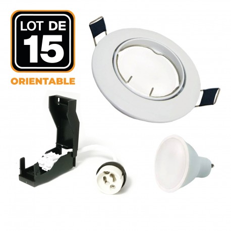 Lot de 15 Spots LED Encastrable et orientable complet en Alu brossé avec Ampoule GU10 Blanc froid avec douille 